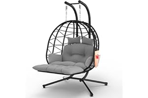 ZENPETIO Double Egg Chair with Stand & Leg Rest, 2 Person Rattan Wicker Swing Chair with UV Resistant Cushion and Pillow, for Indoor Outdoor Bedroom Patio Hanging Basket Chair 700lbs Capacity