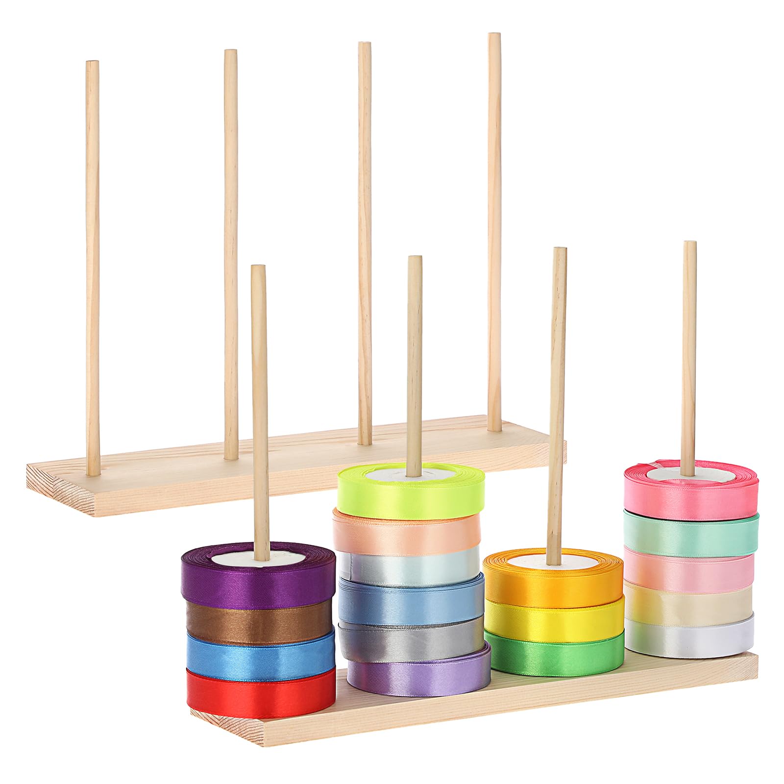 OGANAZI 2 Pcs Wooden Ribbon Rack Storage, Washi Tape Organizer, Wood Ribbon Organiser Wire Spool Stand Holder, Ribbon Roll Holder for Sewing Craft Tape Wreath Crochet Roll Florist Arts Wrapping Gift
