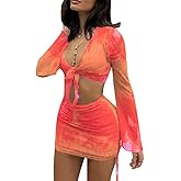SHESEEWORLD Women's Sexy Long Sleeve 2 Pieces Sheer Mesh Cover Up Dress Crop Top Bodycon Ruched Y2K Mini Skirt Sets