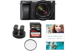 Sony Alpha a6400 Mirrorless Digital Camera with 18-135mm Lens (Black) with Photo and Video Suite, Memory Card, Rechargeable Battery (2-Pack) and Dual Charger, and Lens Protection Filter (6 Items)