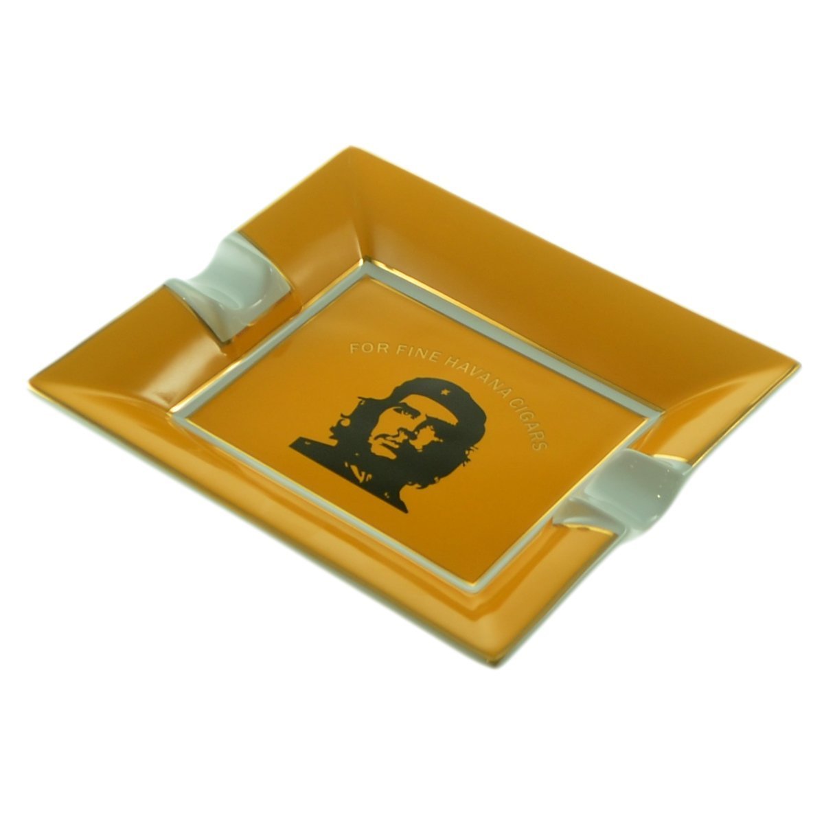 Luxury Deep Yellow Che Guevara Design Ceramic Cigar Ashtray, 2 Cigar Rests, 180 x 150 x 20 mm,
