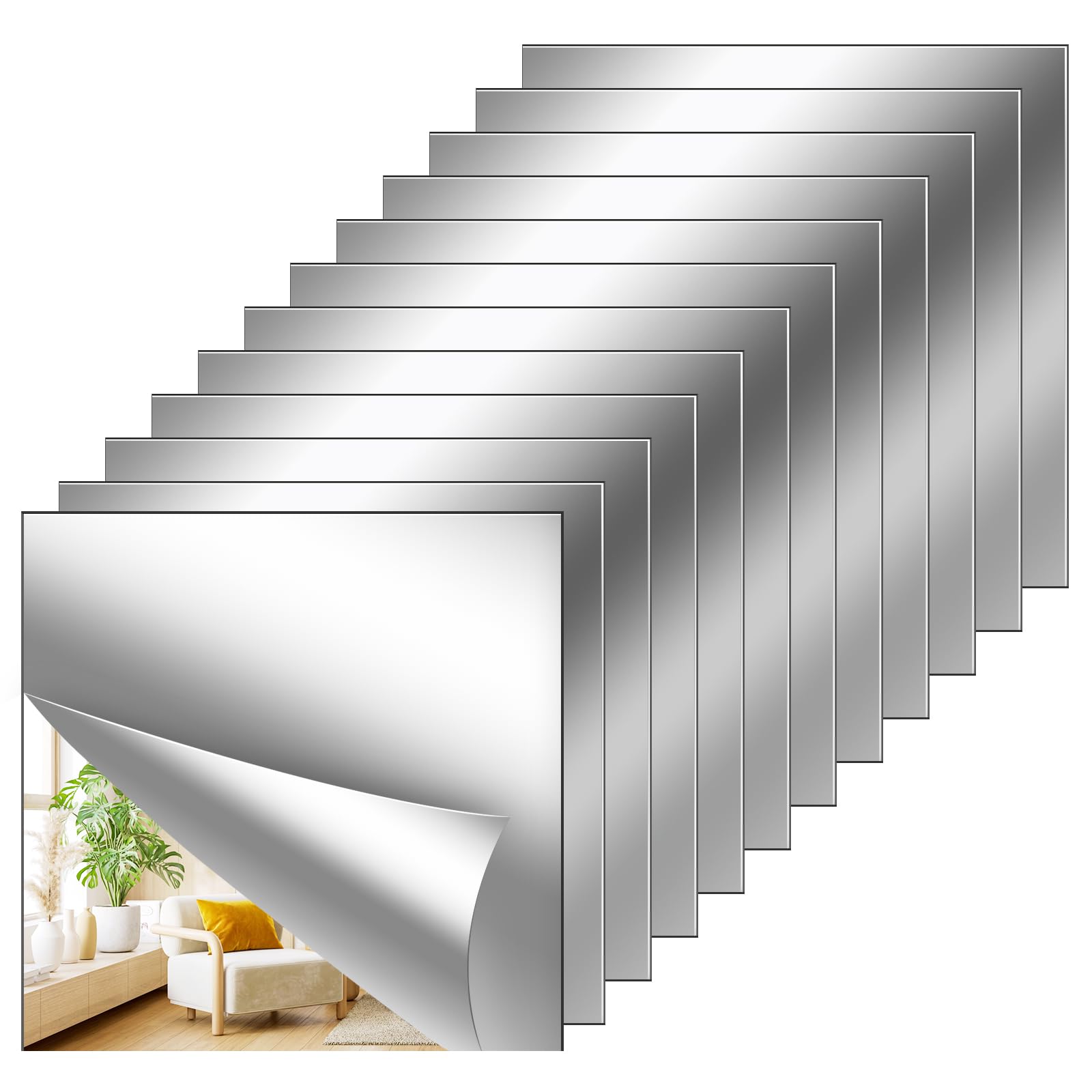 Photo 1 of 12Pack Acrylic Flexible Mirror Sheets,12x12 Inch Self-Adhesive Mirror Tiles,Square Cuttable Wall Stickers Non Glass Safety Reflective for Home Wall DIY Decor