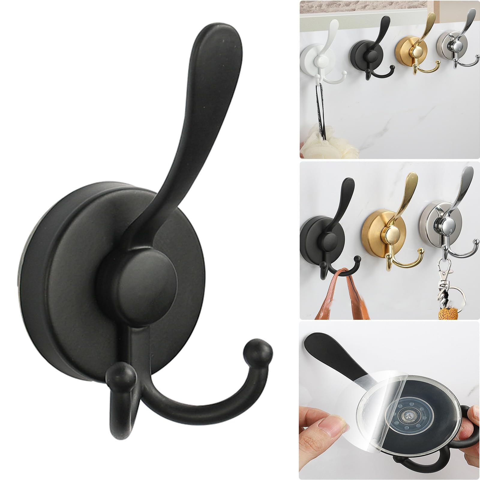 Boxonly No-Drill Suction Cup Duck Tongue Twin Hooks,2024 Upgraded Stainless Steel Waterproof Hooks for Bathroom,Shower,Kitchen,and Mirrors–Heavy Duty Towel Holders (Matte Black)