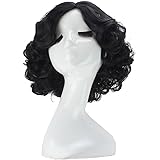 Anogol Hair Cap+Short Black Curly Wigs with Middle Part for Women Synthetic Wig Cosplay