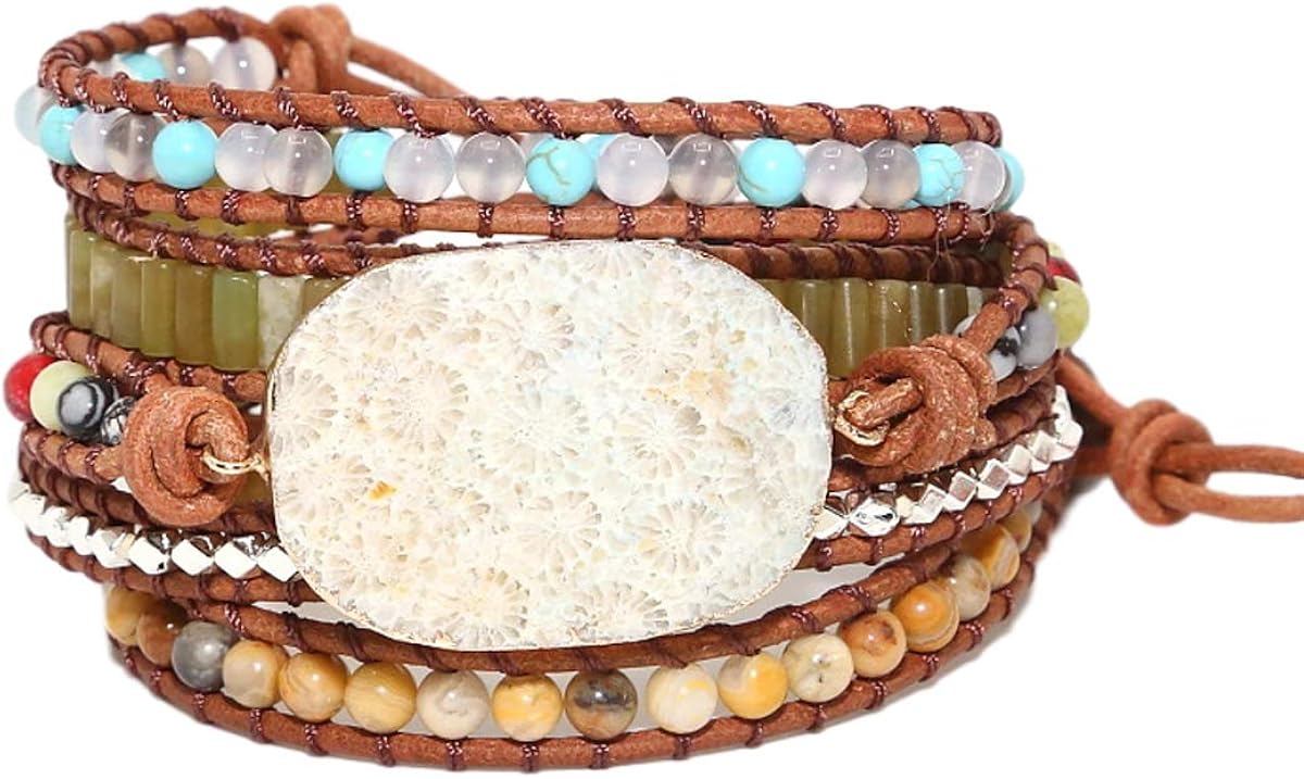 Starto 5 Wrap Bracelet Handmade Natural Stone Jasper Druzy Leather Boho Bracelets Jewelry (Green Opal): Clothing