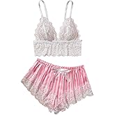 WDIRARA Women's 2 Piece Lingerie Pajama Sets Lace Bralette Striped Satin Shorts Pjs Nightwear