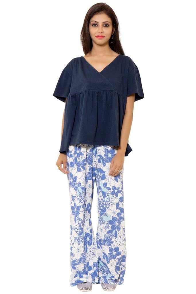 v-neck gatherd top with floral printed pajama(1ss16-0225-ns1)