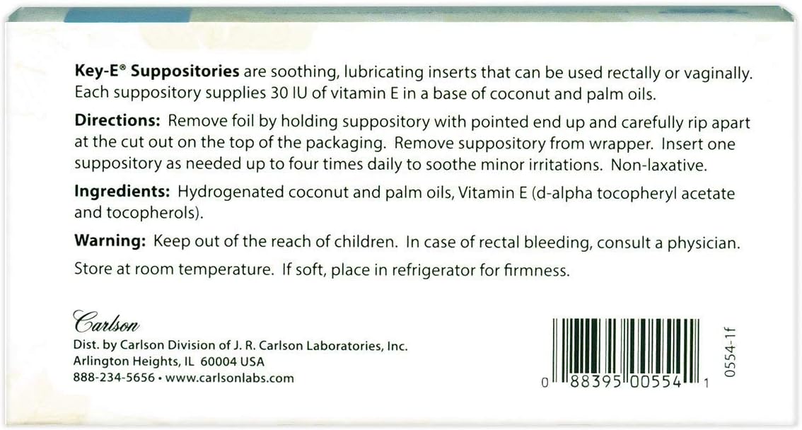 Carlson - Key-E Suppositories, 30 IU Vitamin E Suppository, Lubricates Dry Areas, Treatment for Women and Men, Vaginal & Rectal, 24 Count: Health & Personal Care