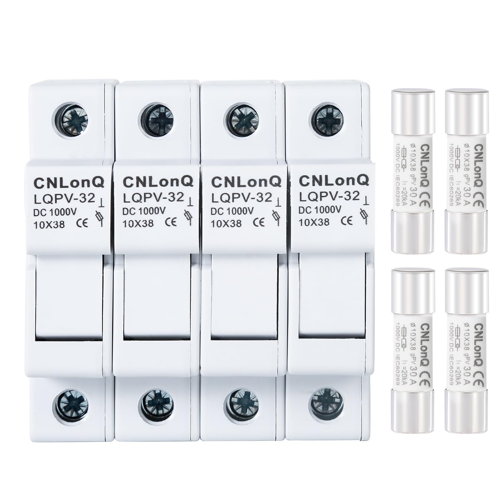 DEWIN Solar PV Fuse Holder, Solar/Photovoltaic Fuse Holder 4pcs Fuse Base Without Light RT18-32X 1P DC1000V 10x38mm + 4pcs 15A/30A Fuses DIN Rail Mounting (Color : 30A)