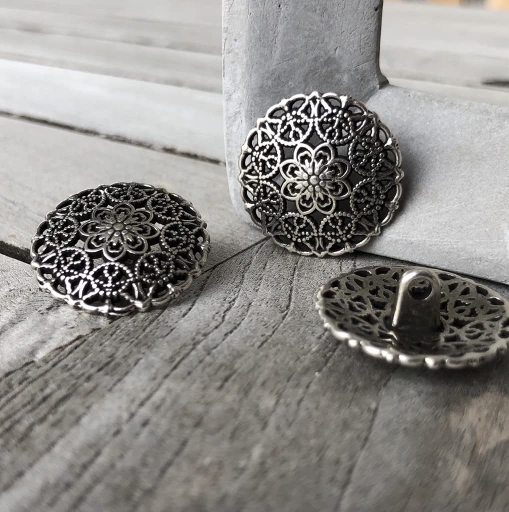 Silver Antique Delicate Patterned Metal Buttons with Eyelet 15 mm or 23 mm (Pack of 10) (15 mm)