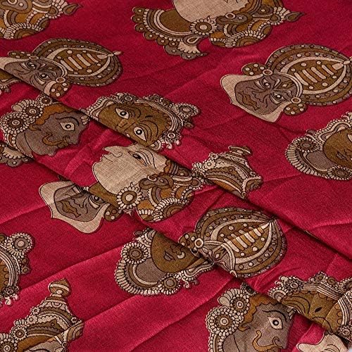 Shopolics Pink-Gray and Cream Kuchipudi Kalamkari Manipuri Silk Fabric-16340 for Wedding, Festival, Party Wear (1 Yard)