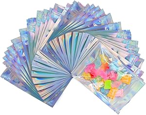 200 Pieces Mylar Bags for Food Storage, 3 X 5 Inch Resealable Holographic Bags Smell Proof Foil Pouch Bags with Clear Window Packaging Pouch for Coffee Beans Storage