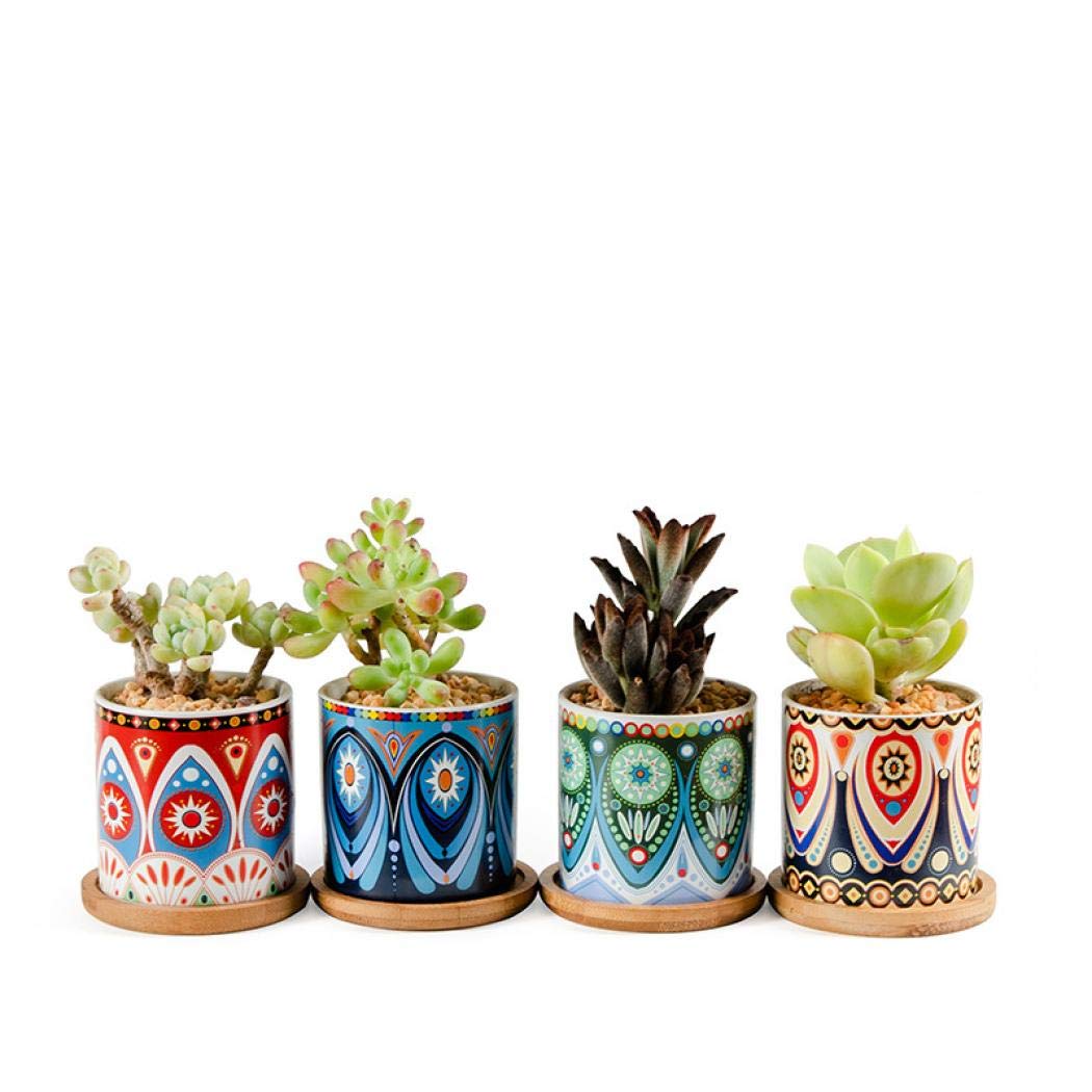 XUDREZ Plant Pots Ceramic,Set of 4 Succulent Plant Pots 7.3CM Mini Flower Pots with Bamboo Tray Decor for Home and Office (Set 2)