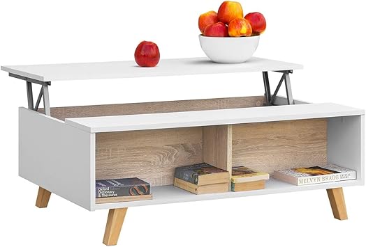 Comifort Ausziehbarer Hohenverstellbarer Couchtisch Multifunktional Mit Viel Stauraum Und Bucherregal Modern Sehr Robust Farbe Weiss Und Eiche Beine Aus 100 Naturlichem Buchenholz Amazon De Kuche Haushalt