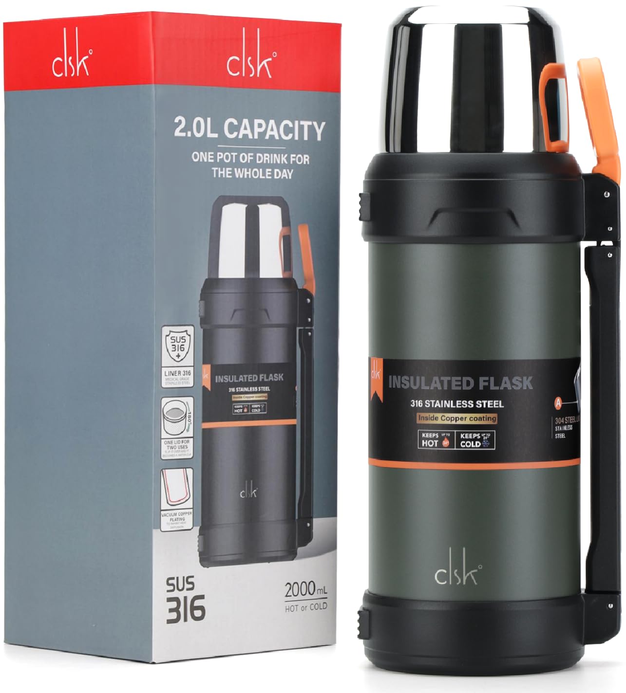 CLSK9° Flask for Hot Drink, 2L Thermo Flasks, 24hrs Hot|Cold, Superior 316 Stainless Steel, Triple-Wall Insulated with Copper Lining, Hot Water Thermal Flask, 100% Leak-Proof, BPA-Free