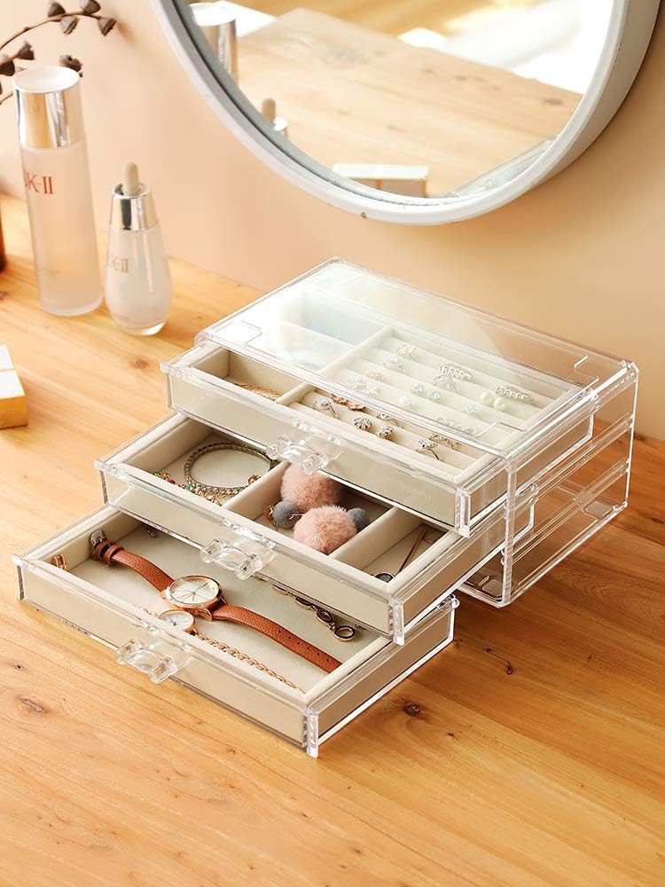 Clear Acrylic Jewelry Box With 3 Drawers,Velvet Jewellery Organizer for women, Earring Holder Rings Case Necklaces Bracelets Accessory Holder Organizer For Vanity Dresser,By Cq acrylic: Home Improvement