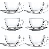 GURUDAR Glass Teacup and Saucer Set, 6 Pack Coffee Mug with Stainless Steel Spoon Suitable for Espresso Juice Cappuccino and More Beverage, 7OZ/210ML, Clear
