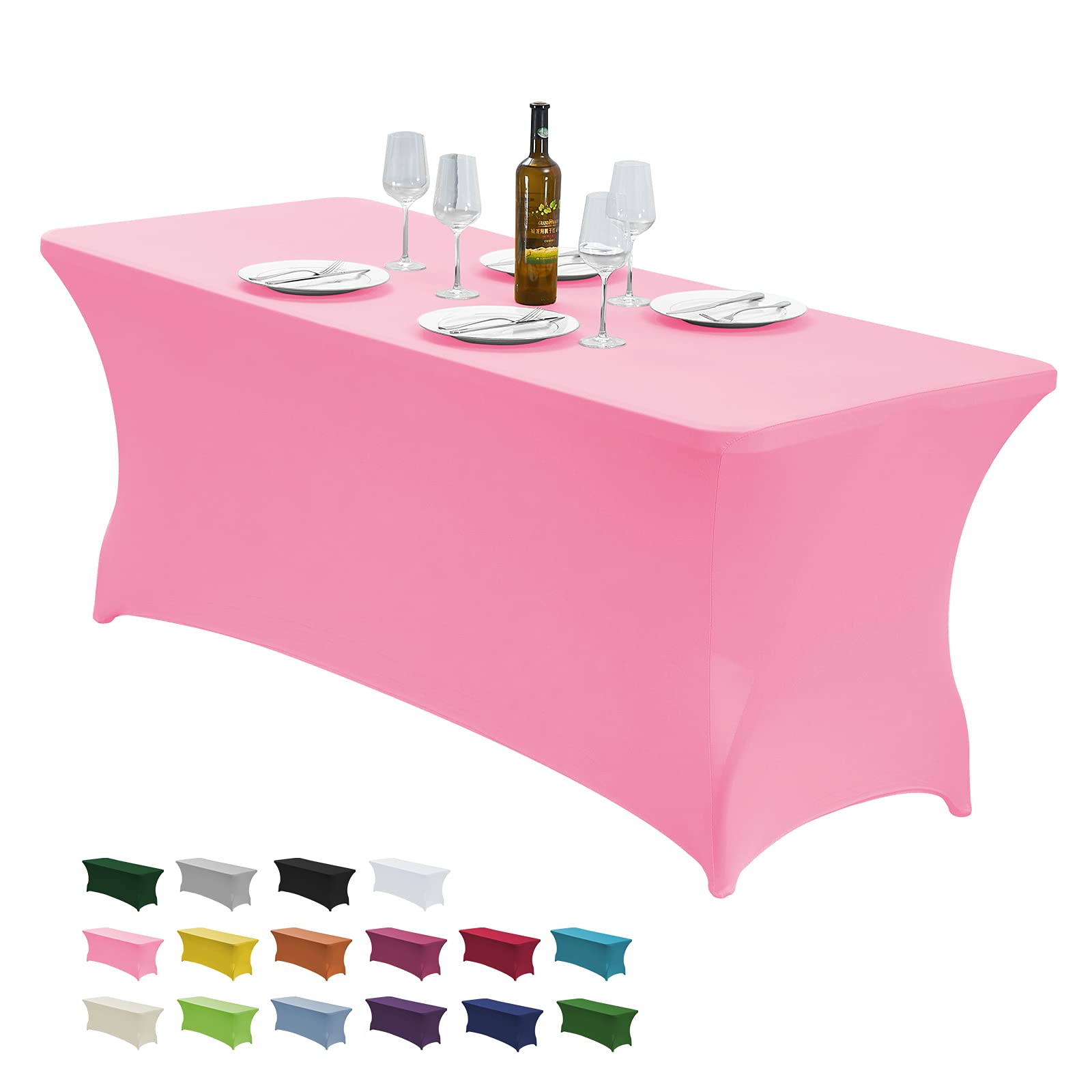 Photo 1 of CWK 8FT Waterproof Stretch Spandex Table Cover for Rectangular Tables - Elastic Fitted Tablecloth for Folding Tables,Wrinkle Resistant Table Cloth for Parties, Weddings, Banquets & Events (Pink)