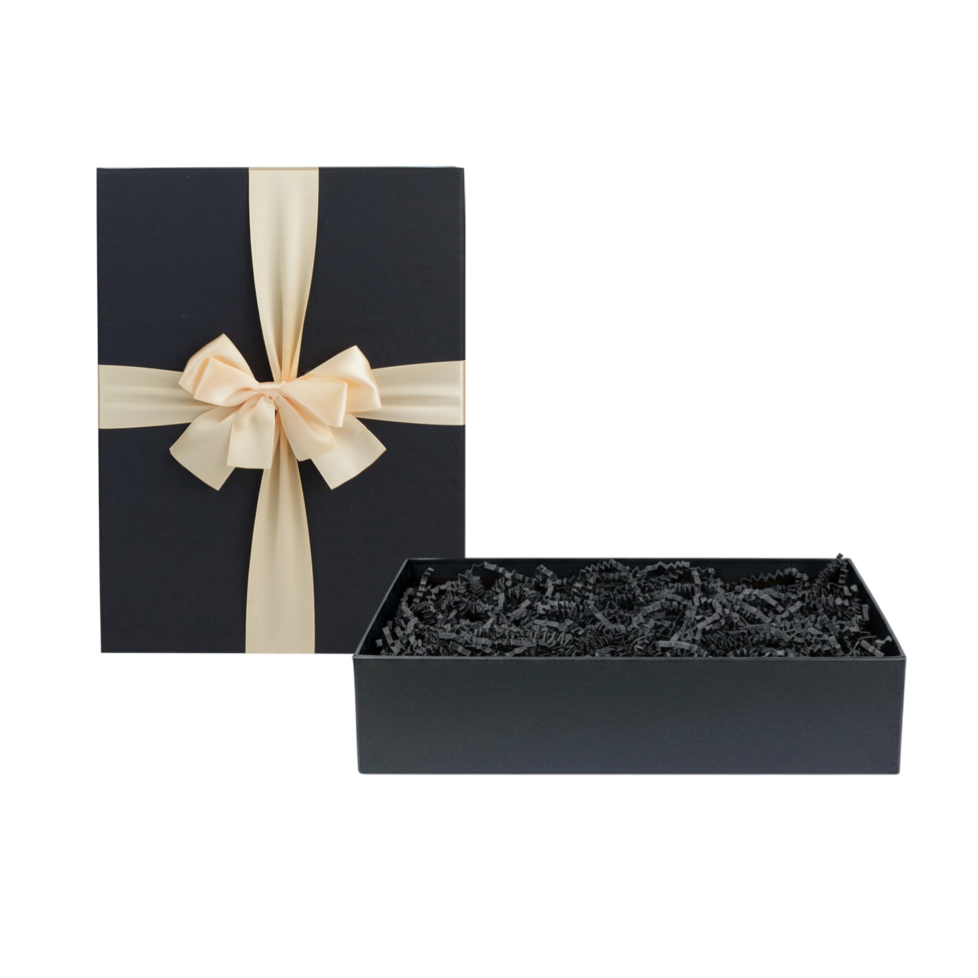 Emartbuy Black Paper + Black Rigid Gift Box with Ribbon – 27 x 19 x 7 cm – Luxury Cardboard Presentation Box|Premium Packaging for Hampers, Bridesmaid Gifts, Birthdays, Weddings, Corporate Gifting