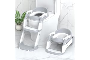 JABAKA CIRCLE Potty Training Seat, Toddler Potty Training Toilet with Step Stool Ladder for Kids Boys Girls, 3 in 1 Foldable Toilet Seat Potty Chair with Urinals, Splash Guard, Handles, Anti-Slip Pad,Grey