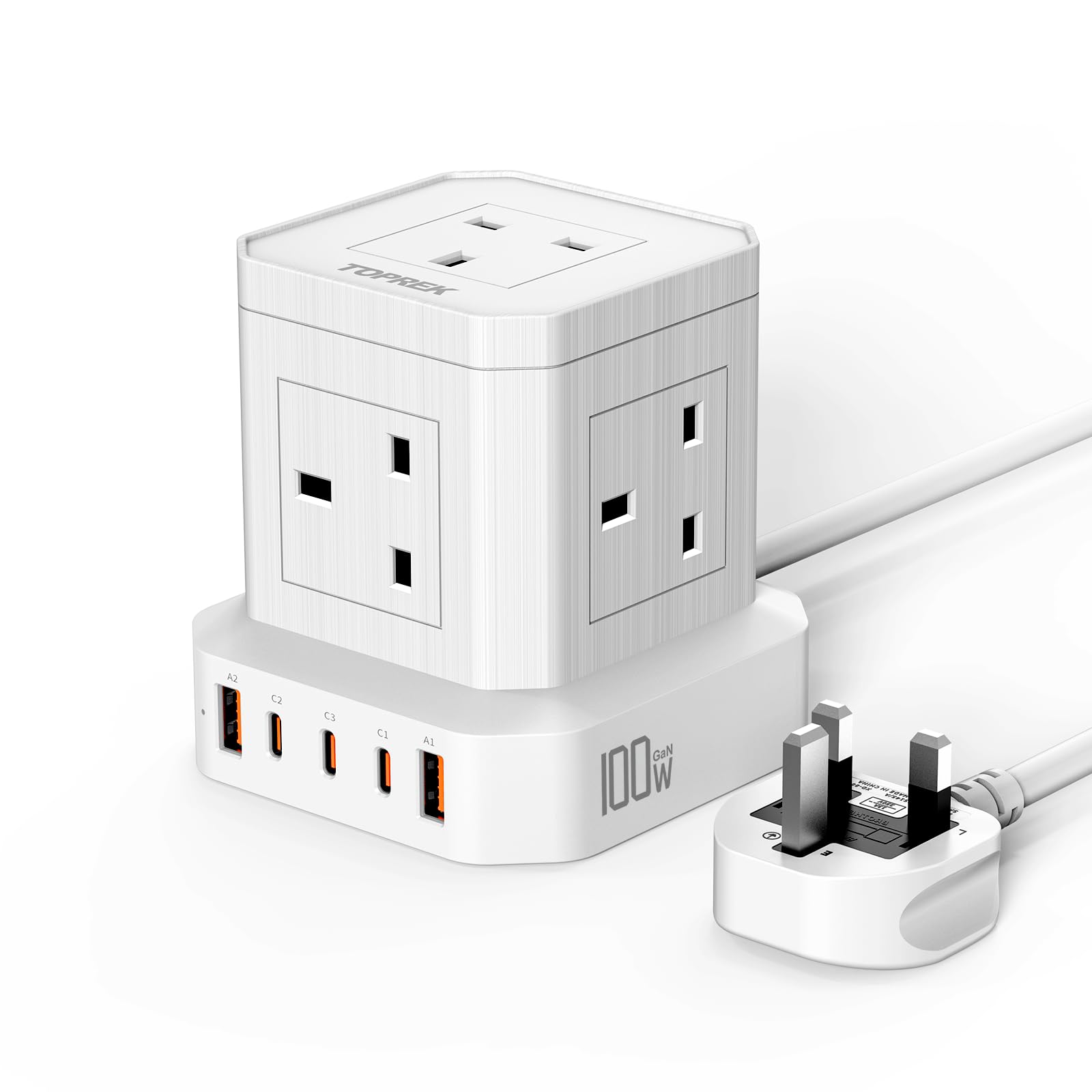 TOPREK 100W PD3.0 Fast Charge Extension Lead with Usb Slots, Simultaneous Fast-charging of 10 devices, Usb Extension Cable Multi Plug Extension Socket