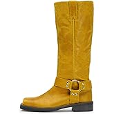 FIFSY Knee High Boots for Women Chunky Heel Buckle Boots Square Toe Pull On Motorcycle Biker Riding Boots Low Heel Tall Booties