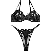 Lilosy Sexy Satin Mesh Floral Sheer Embroidered Underwire Lingerie Set 2 Piece Women