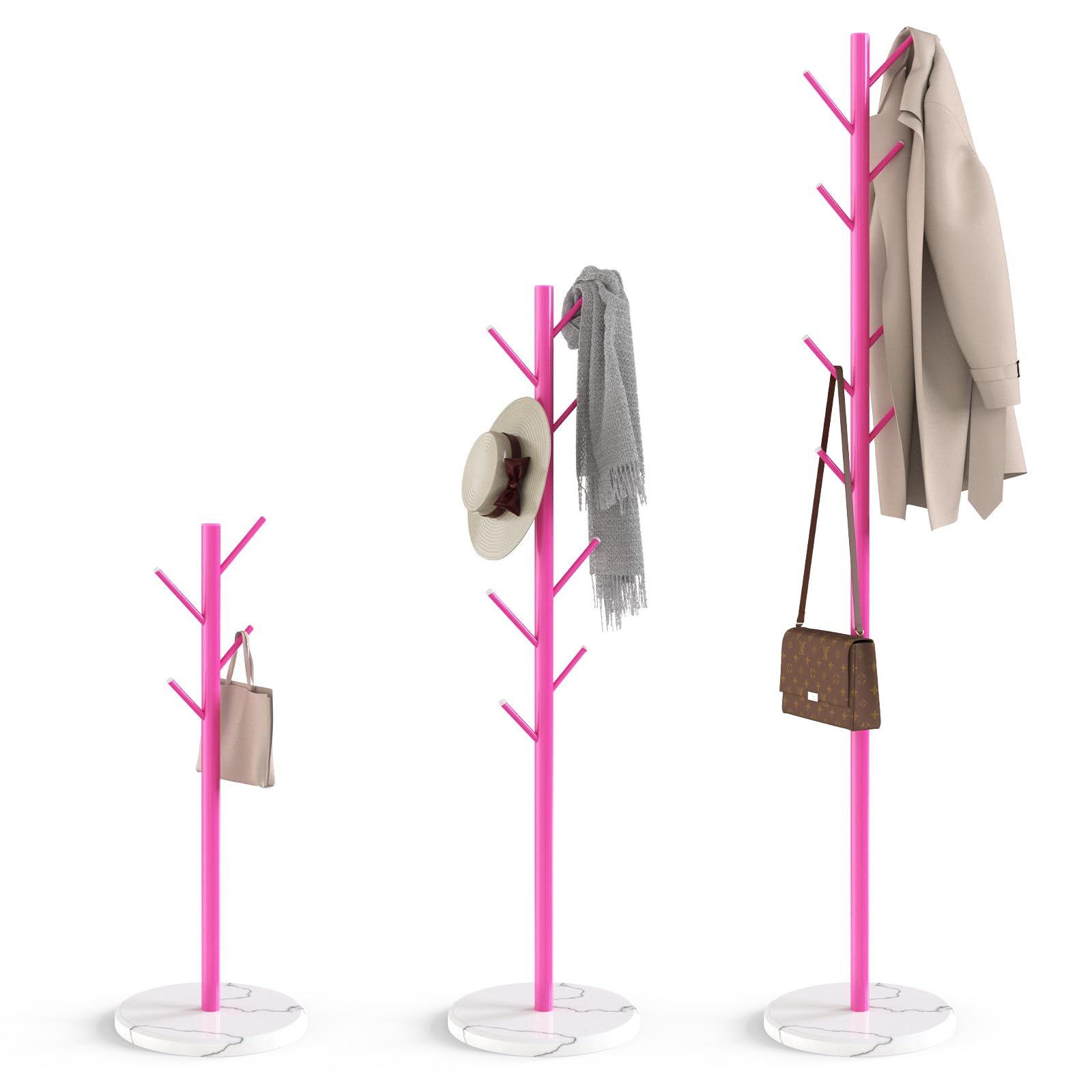 HzTinT Coat Rack with Natural Marble Base, Metal Freestanding Coat Rack with 8 Hooks, 3 Adjustable Size Sturdy Coat Tree for Bags, Coats, and Hats for Entryway, Hallway, Bedroom, Office, Pink
