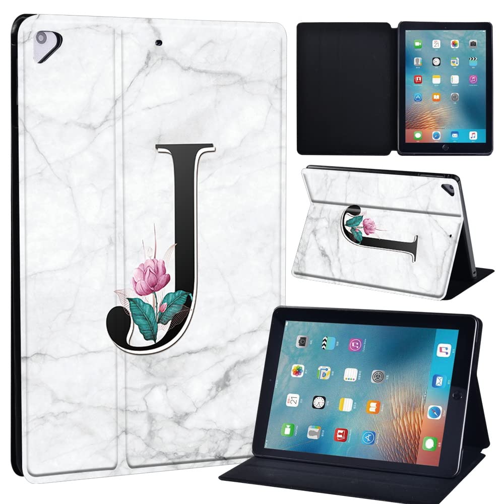 Initial Letter Leather slim lightweight Stand Cover Case for Apple New iPad 9.7 2018 2017(6th Gen, 5th Gen)/iPad Air 2/iPad Air/iPad Pro 9.7 Tablet with Auto Wake/Sleep (whitemarbleJ)