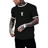 SOLY HUX Men's Crown Letter Print Striped Trim Tee Tops Short Sleeve Crew Neck Summer T Shirt