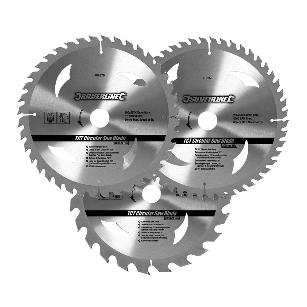 Silverline 408979 TCT Circular Saw Blades 24, 40, 48T 3pk 205 x 30 - 25, 18, 16 mm Rings