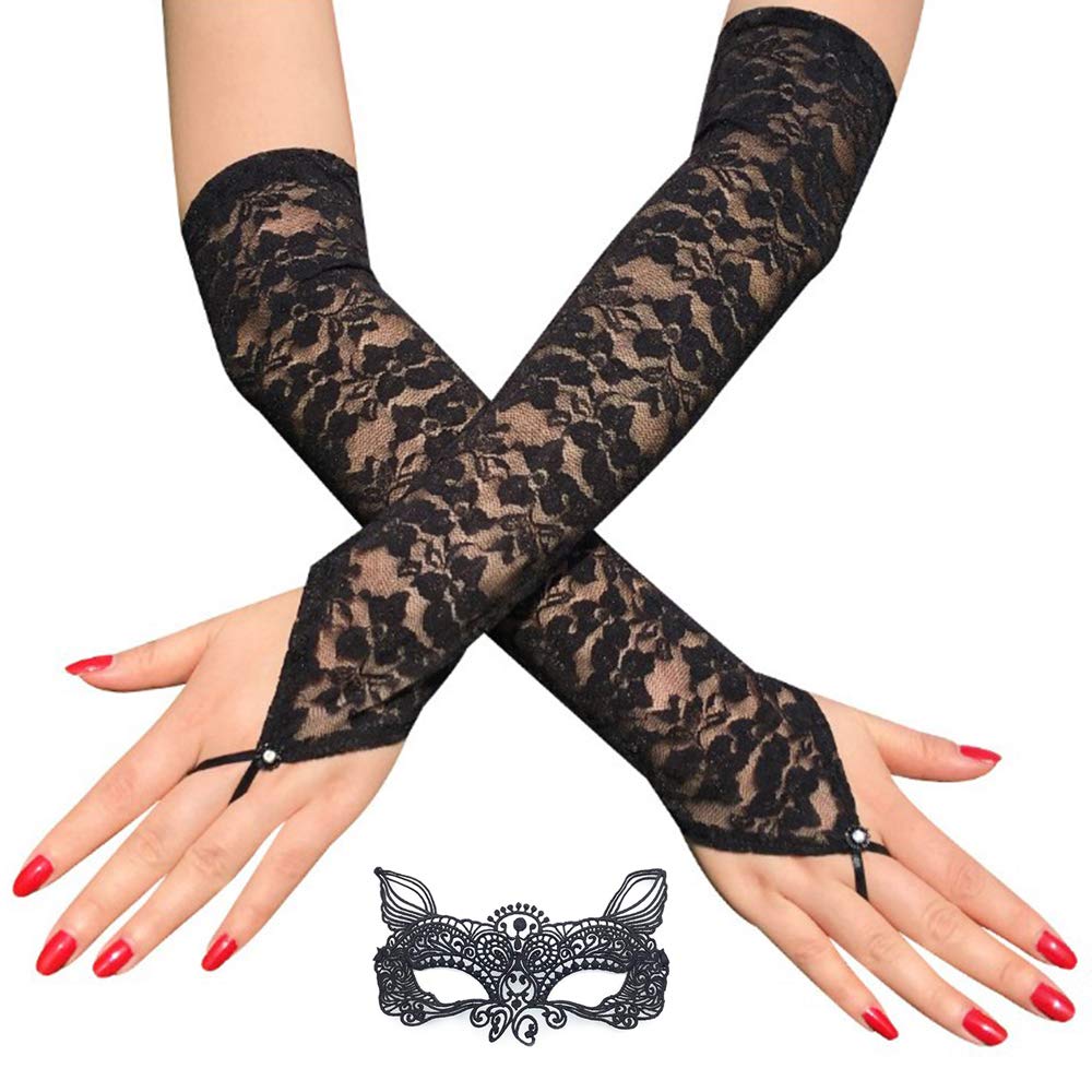 Lifreer 1 Pair Lace Fingerless Gloves Half Finger Gloves with 1PC Black Lace Cat Mask Fancy Halloween Accessories for Women Party