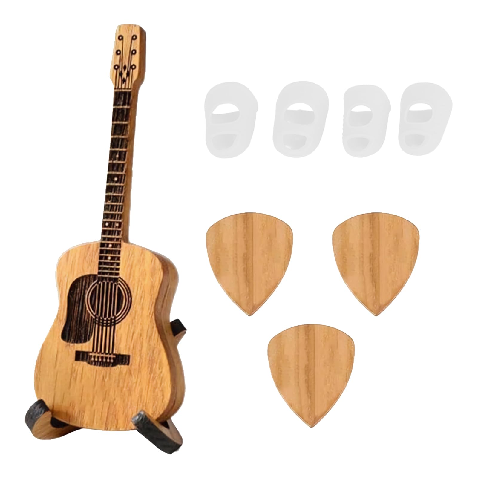 Wooden Acoustic Guitar Pick Box with Stand, Holder, 3 Picks and 4 Silicone Guitar Fingertips