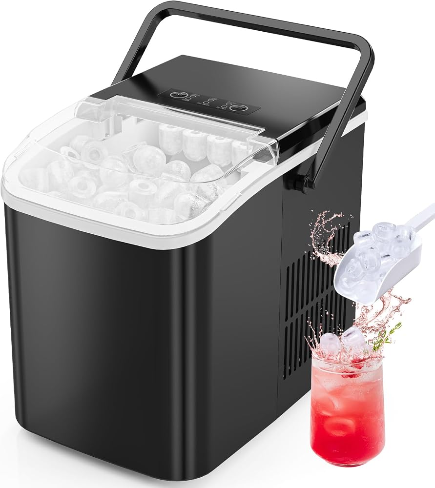 Sweetcrispy Countertop Ice Maker with Scoop, Basket and Handle, Portable Ice Machine 9 Cubes Ready in 6 Mins, 26.5lbs in 24Hr