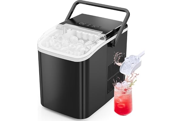 Sweetcrispy Countertop Ice Maker with Scoop, Basket and Handle, Portable Ice Machine 9 Cubes Ready in 6 Mins, 26.5lbs in 24Hrs, 2 Sizes for Home Kitchen Office Bar Party, Coal Black