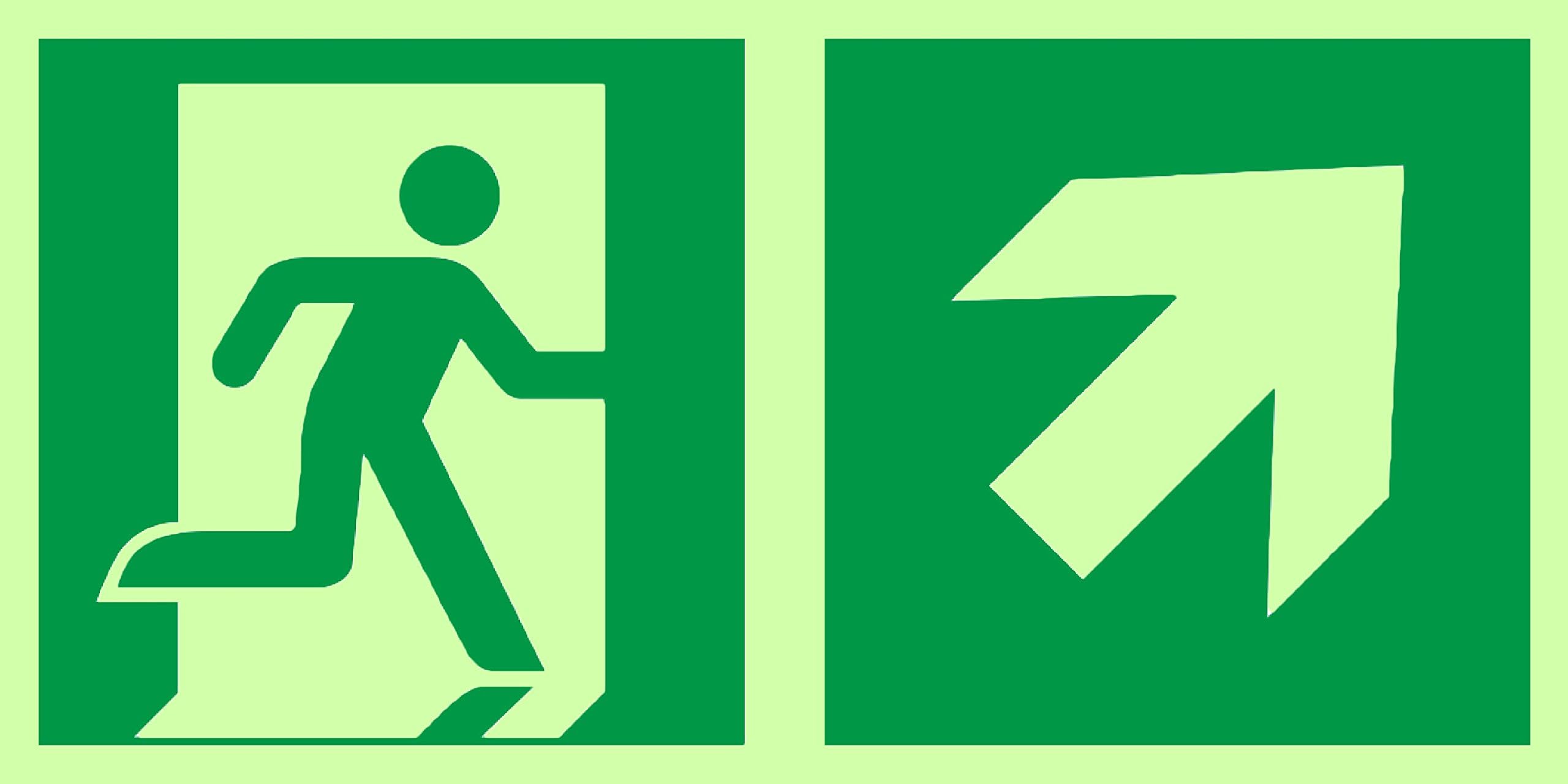 Anro Emergency Exit Signs | Arrow Up Right| Glow in the Dark and Self Adhesive | Safety and Warning PVC Sign | 150 x 300mm
