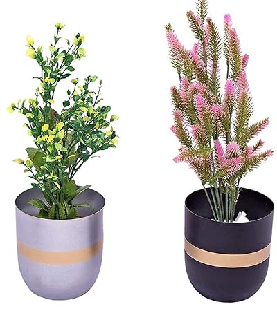 AMNA Gardens Metal Iron Small Flower Pot Planter for Indoor and Outdoor | 11x11x12 cm ( Set of 2, Blackish-Greyish)