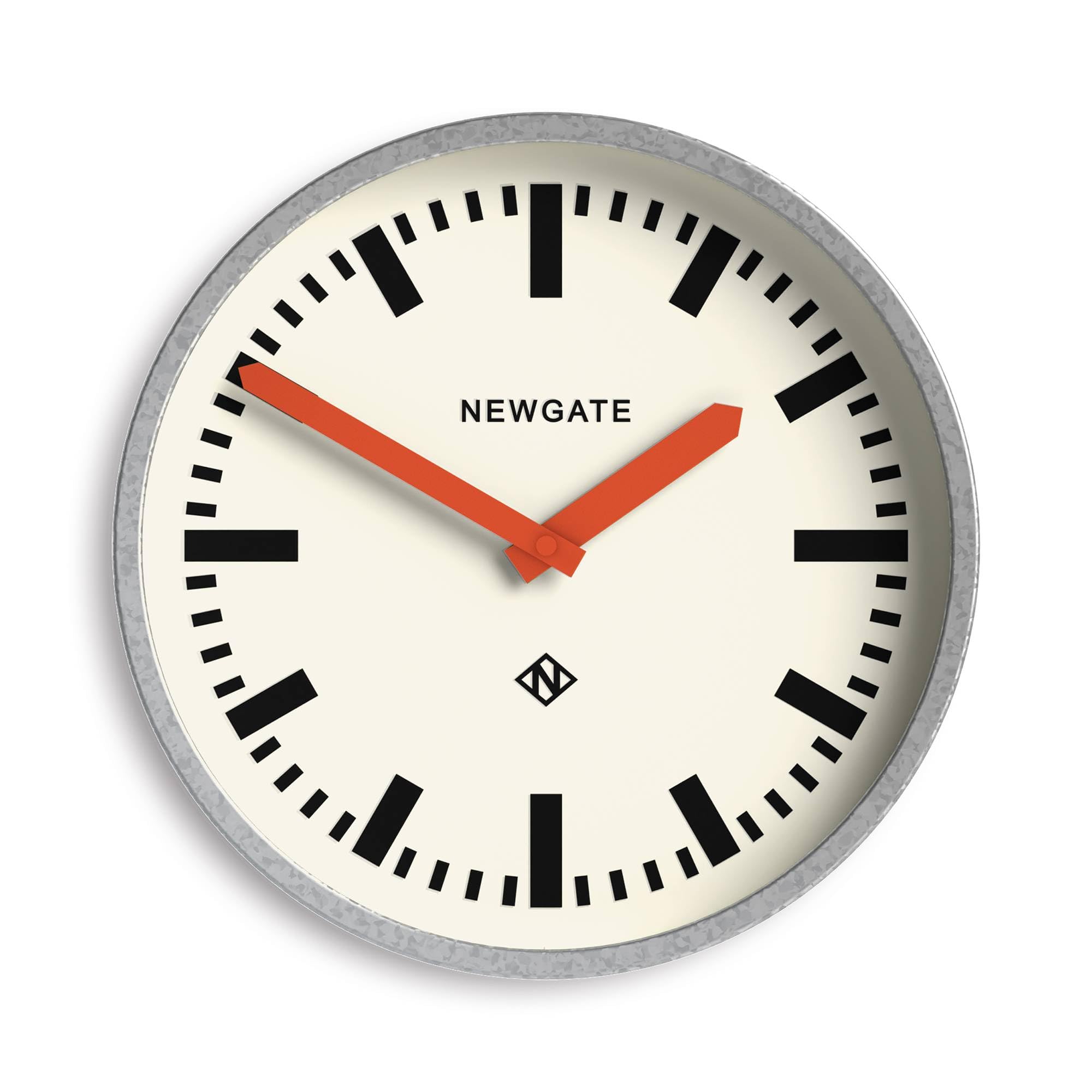 NEWGATE® Luggage wall clock | Modern retro metal station clock | 30cm | Deep galvanised metal case with orange hands | Contemporary vintage style for kitchen, living room or office