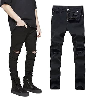 Amazon.com: uni-fashion moda Skinny pantalones para hombre elástico negro  Denim rodilla roto Jeans, Negro : Ropa, Zapatos y Joyería