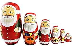 Winterworm Cute Creative Santa Claus's Bringing Kinds of Gifts to You Pattern Handmade Wooden Matryoshka Dolls Russian Nesting Dolls Set 7 Pieces for Kids Toy Birthday Home Decoration