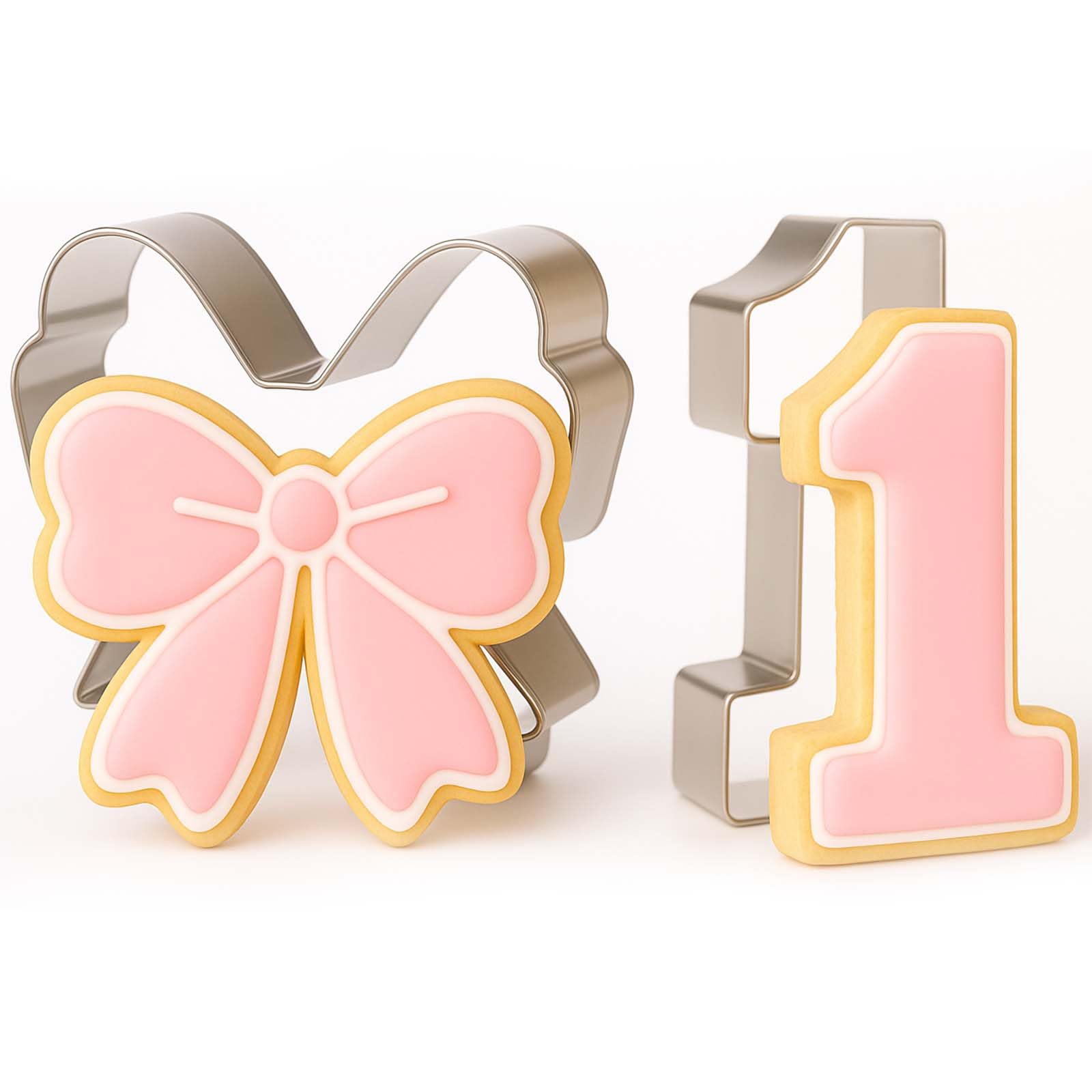 Photo 1 of Honeydak 2 Pcs 5 Inch Bowknot Cookie Cutter Number One Cookie Cutter Bow and Number 1 Baking Mold Metal Sandwich Pancake Fondant Cake Mold First Birthday First Anniversary Wedding Party Baking Supply