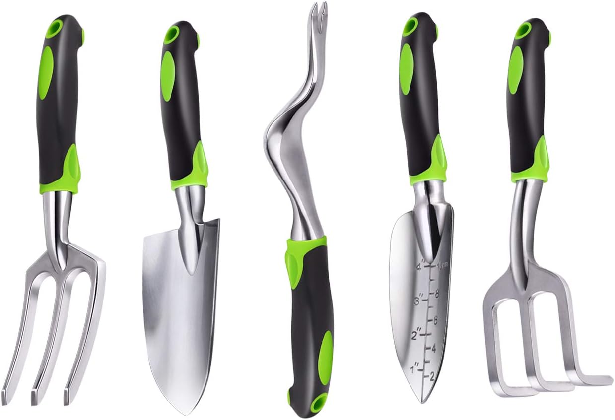 ZUZUAN Garden Tool Set, 5 Piece Aluminum Gardening Shovel Gifts Kit Includes Hand Trowel, Transplant Trowel, Cultivator, Hand Rake, and Weeder with Non-Slip Ergonomic Rubber Grip for Men and Women : Garden & Outdoor