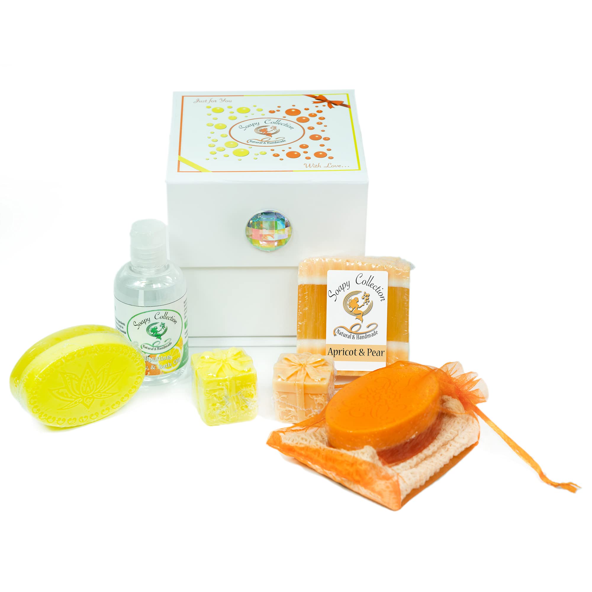 Soapy Collection -Sweet & Fruity- Luxury Bath Gift Set for Women, Lemon Apricot&Pear Soaps, Body Oil, Paraben Free, UK Handmade, Christmas, Valentine's, Birthday Gifts For Her