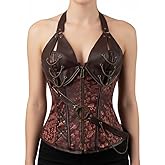 Cosfun Womens Leather Halter Corset Top Steampunk Corsets Bustiers Front Open Breast Zipper Lace-Up Back