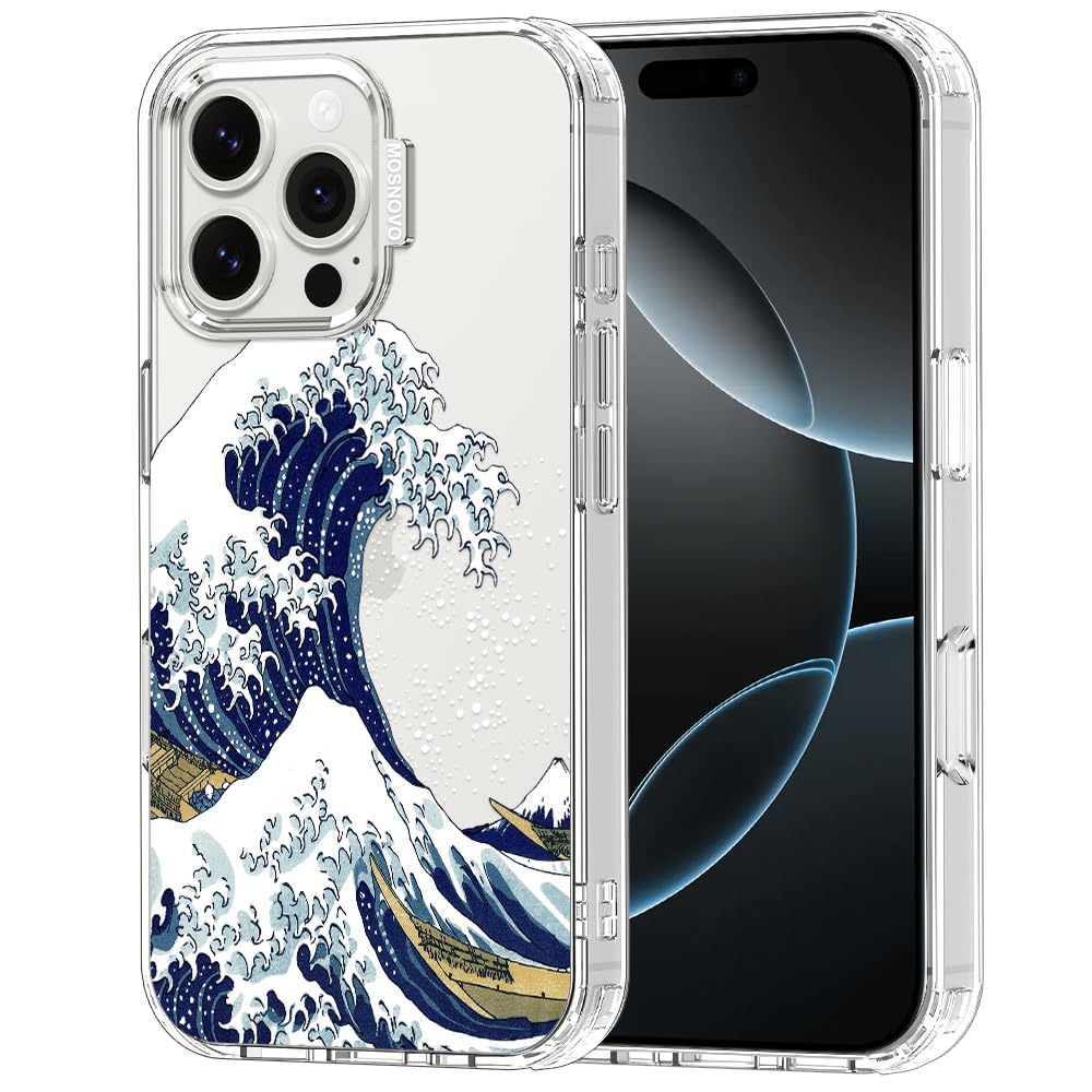 MOSNOVO Case for iPhone 16 Pro Max, [Buffertech 6.6ft Military-Grade Drop Protection] [Anti Peel Off Tech] Clear TPU Bumper Phone Case Cover Design - Great Wave