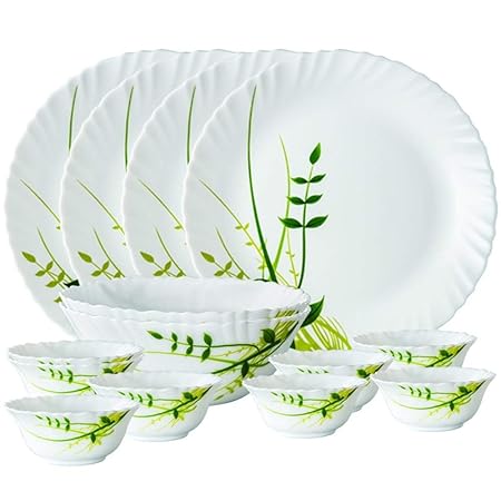 KraftIndia Green Herbs Opalware Glass Dinnerware - Set of 33 Pieces