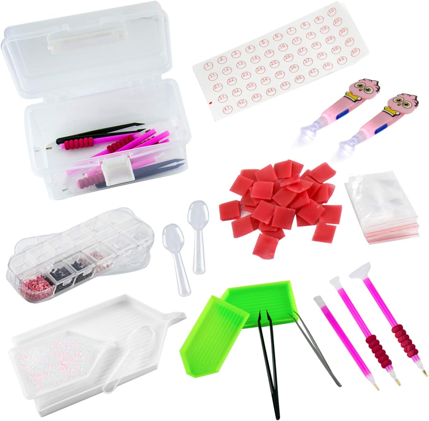 117 Pcs 5D Diamond Painting Full Tools Kits- Cross Stitch Tools Set Accessories with Quick Point Pen, Glue, Plastic Tray, Tweezers, Bags, Clips, Storage Box for Adult Kids