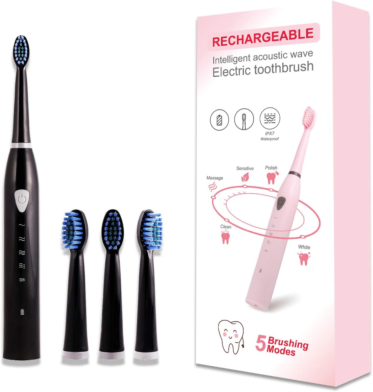 Rechargeable Electric Sonic Toothbrush for Adults 5 Modes, 2 Minutes Timer and 4 Brush Heads (Black)