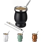 Husfunov 8oz Yerba Mate Cup, 304 Stainless Steel Double-Wall Mate Cup | Heat Insulation Yerba Mate Gourd, Tea Cup Set Includes Cleaning Brush &amp; 2 Bombillas (Black)