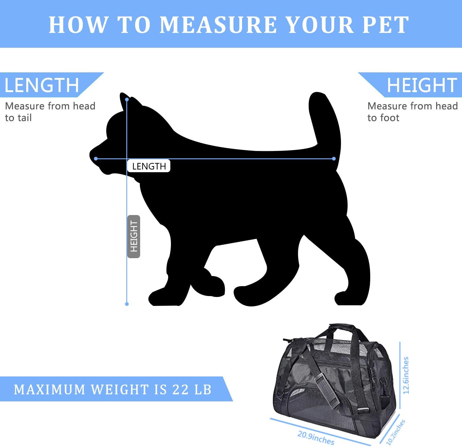 PPOGOO Large Pet Travel Carriers 20.9x10.2x12.6 22lb(10KG) Soft Sided Portable Bags Dogs Cats Airline Approved Dog Carrier, Black, Upgraded Version : Pet Supplies
